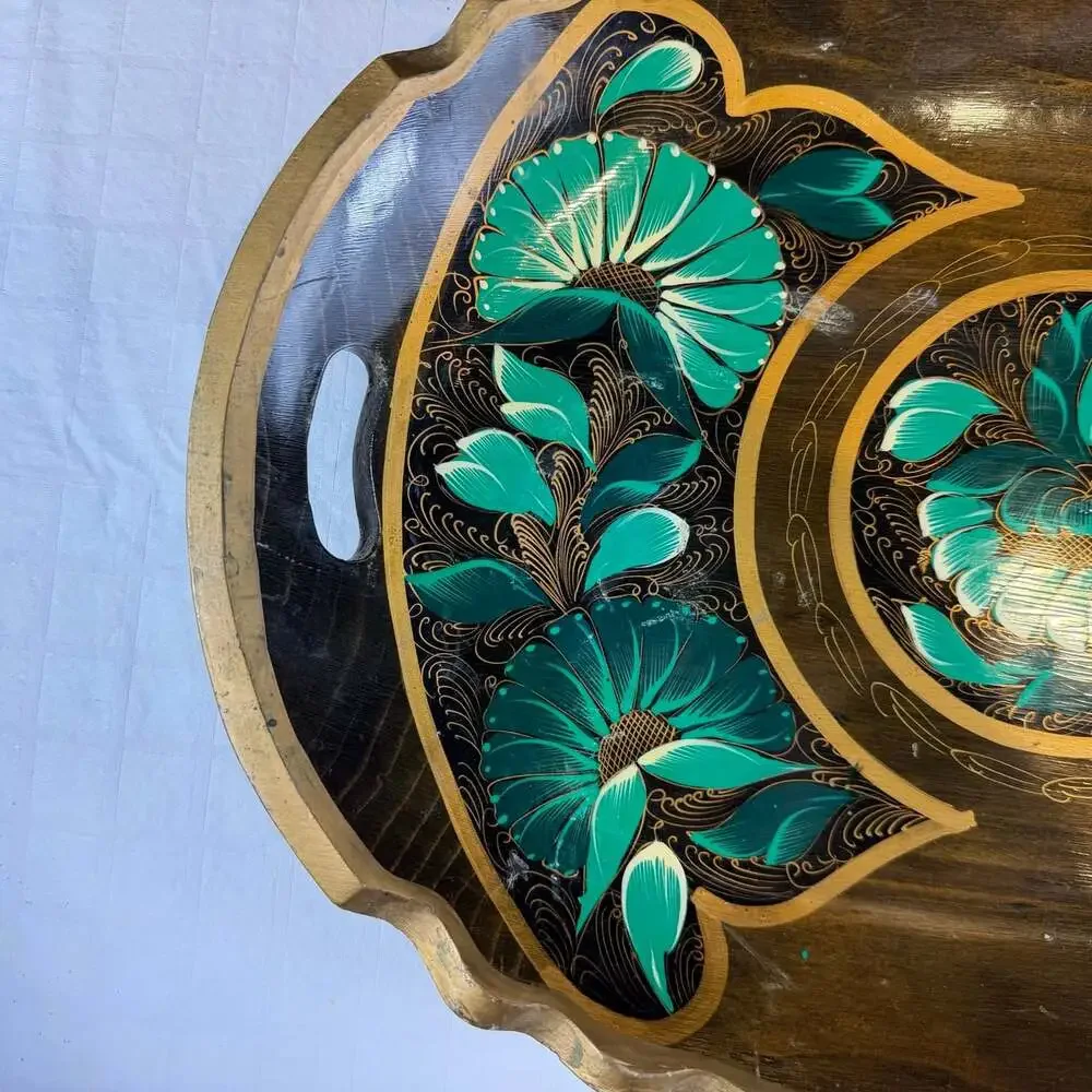 Oval Wood Serving Tray Green Floral Folk Art Gold Trim Handles Large 17in Mexico